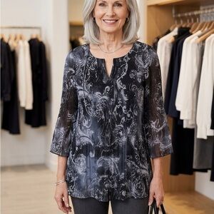 Just My Size Pleated Paisley Grey/Black Split-Neck Tunic Bell Sleeves SZ 1X/16W